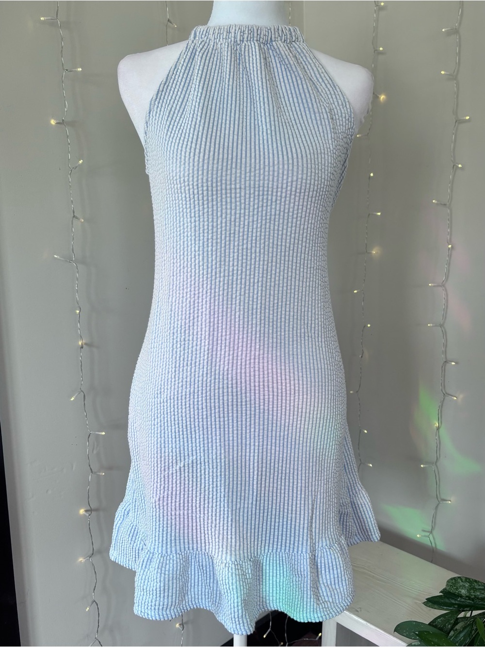 Green Envelope Light Blue Halter Ruffle-Hem Mini Dress